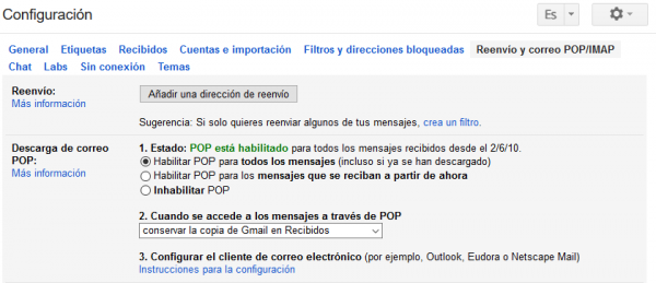 Configuración de POP en Gmail