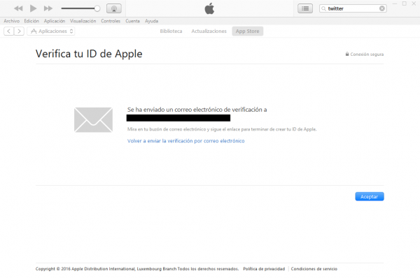 Cuenta de iTunes (Apple ID) creado sin tarjeta de crédito. Operación realizada. Enviado correo de confirmación