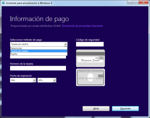 Windows 8 informacioón de pago