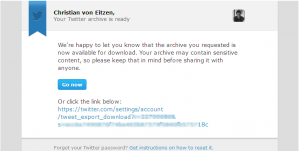 Mail de Twitter diciendo que ya puedo descargar los tuits en el fichero Tweets.zip