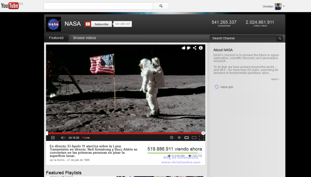 Canal de YouTube - El hombre aterriza en la Luna - Transmisión en directo