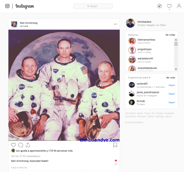 Instagram de Neil Armstrong tras la llegada del hombre a la Luna