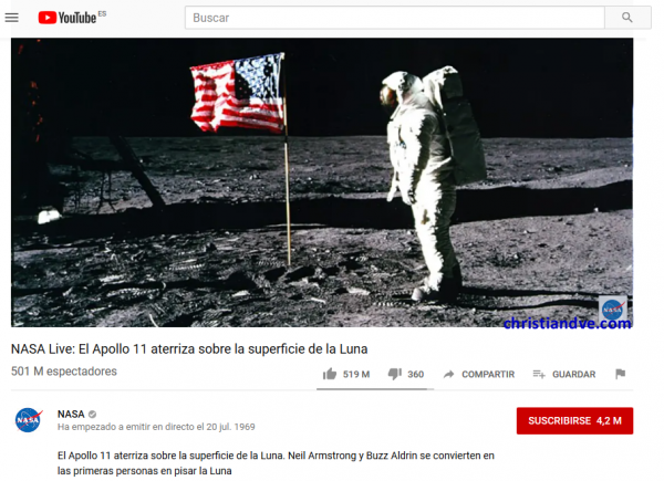 Canal de YouTube de la NASA en directo - El hombre aterriza en la Luna - Transmisión en directo (clic para ampliar) - versión 2019