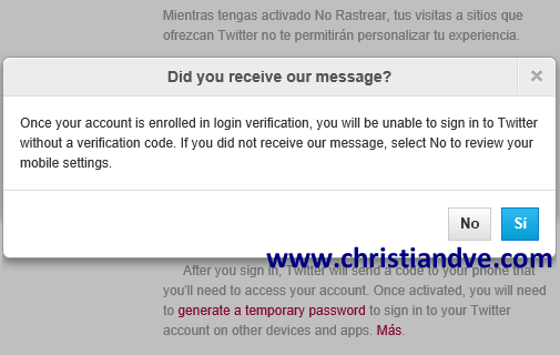 ¿Se recibe el SMS de prueba desde la web de Twitter?