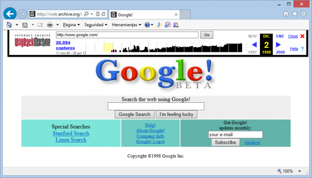 Google el 2 de diciembre de 1998