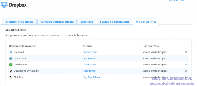 Mis aplicaciones - Has permitido que estas aplicaciones accedan a tu cuenta de Dropbox.