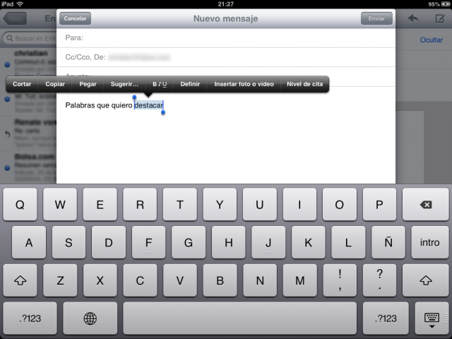 Negrita cursiva subrayado y más en el correo de iPad