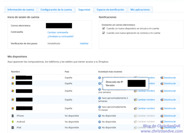 Ajustes de seguridad, incluyendo los equipos que han usado la cuenta (IPs incluidas)