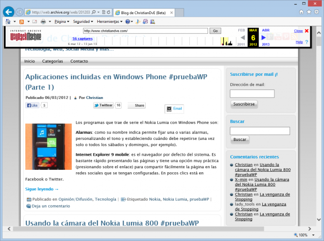 Imagen del blog el 6 de marzo de 2012 en Wayback machine