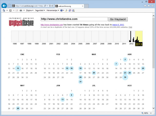 Instantáneas de este blog en Wayback machine