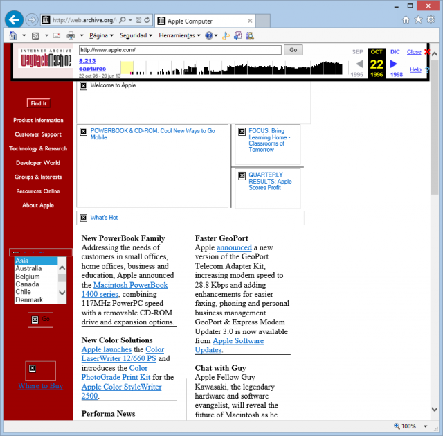Web de Apple el 22 de octubre de 1996