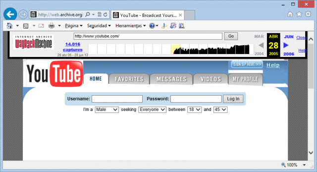 YouTube el 28 de abril de 2005