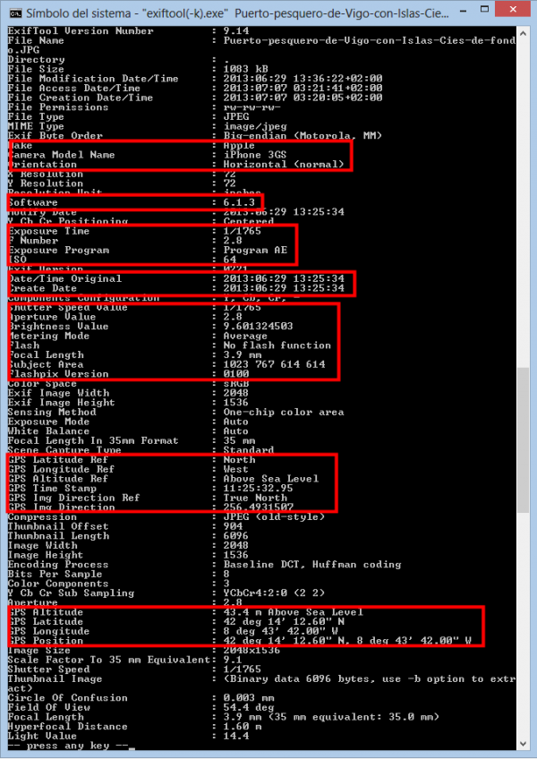 Metadatos Exif de la foto