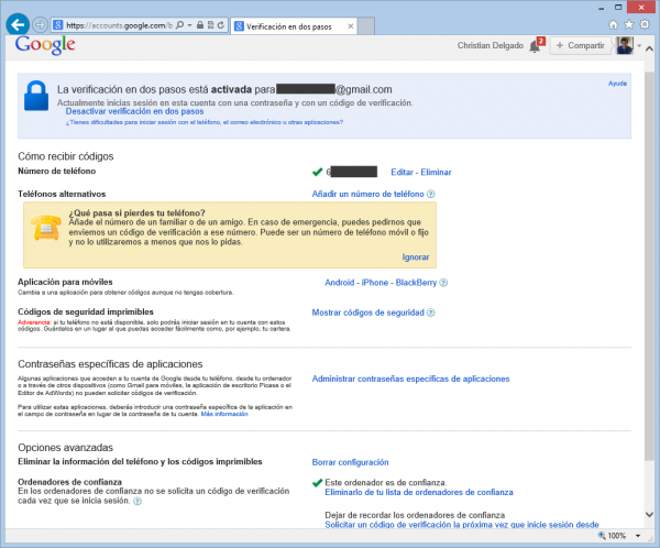 Ajustes de la verificación en dos pasos de Google