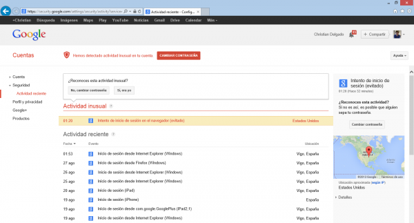 Aviso de actividad sospechosa en la página de Google