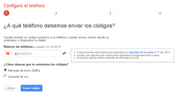 Configurar el teléfono en la autenticación en dos pasos de Google