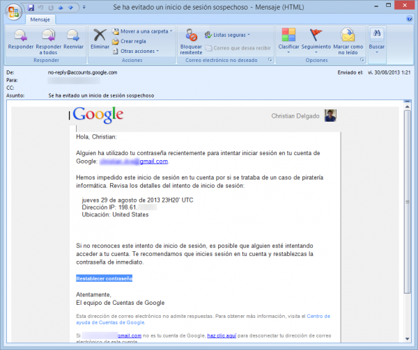 Correo de aviso de Google de actividad sospechosa