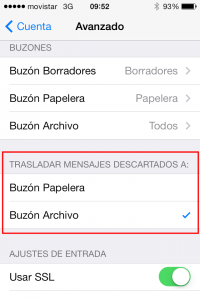 Ajustes de Mail en iOS 7 "Trasladar mensajes descartados a"