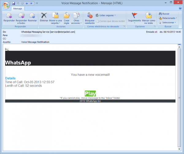 Correo voice message notification de WhatsApp (falso)