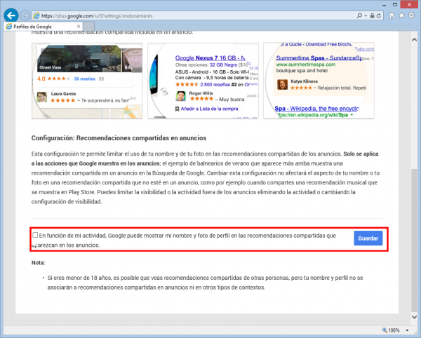 No mostrar mi nombre y foto de perfil de Google+ en las recomendaciones-compartidas que aparezcan en los anuncios