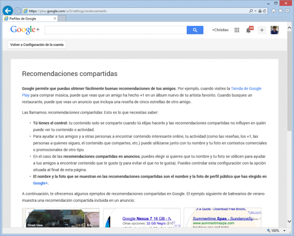 Página de Google donde cambiar las recomendaciones compartidas