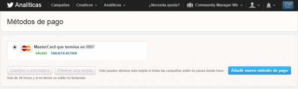 Tarjeta de crédito activa en Twitter Ads