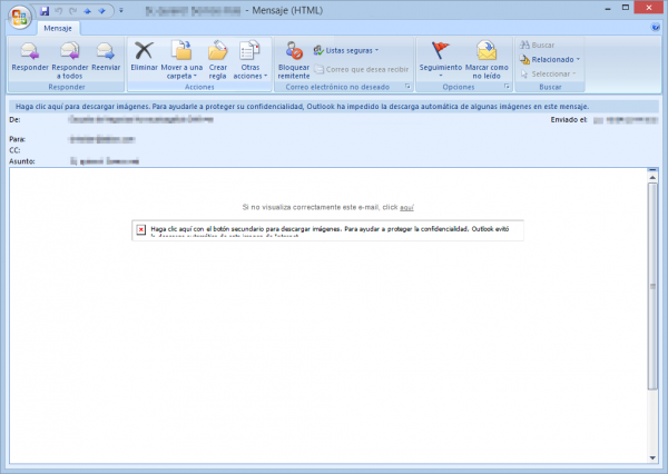 Correo electrónico recibido en blanco solo con una imagen sin nada más. A la basura