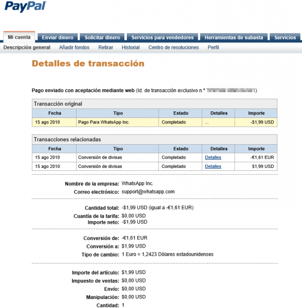 Pago 1,99 $ (1,61 €) el 15.11.2010 por un año de WhatsApp