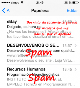 Mi papelera: eBay me manda un correo y en el asunto me llama por mi apellido (y me molesta). Otros son simplemente spam