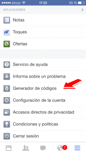 Generador de códigos en la app de Facebook