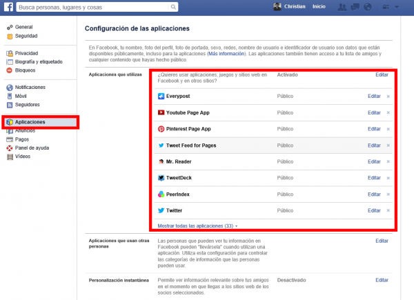 Aplicaciones autorizadas en Facebook
