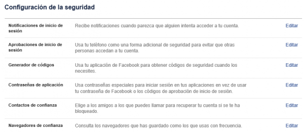 Configuración de seguridad de Facebook