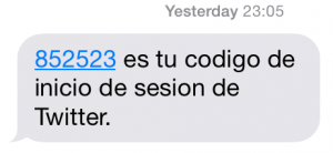 SMS con el código de inicio de sesión en Twitter