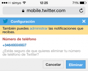 Confirmar número de teléfono en la web móvil de Twitter