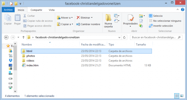 Contenido de la carpeta una vez descargado el fichero de Facebook con todos los datos