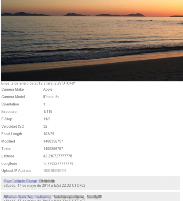 Detalle de una foto de la galería. Aparece la información de dónde fue tomada (en la playa de Samil en Vigo)