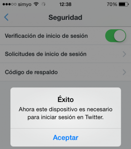 Éxito - verificar inicio de seión en Twitter vía app