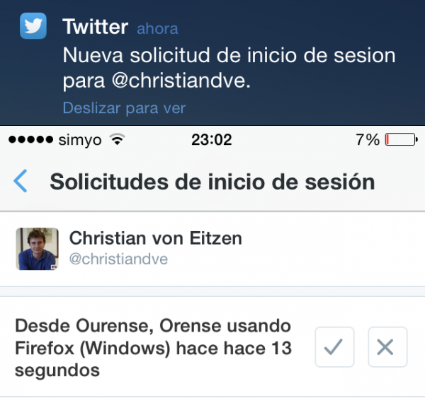 Nueva solicitud de inicio de sesión en Twitter - Aviso en el iPhone (no es muy exacto, ni estoy en Orense ni uso Firefox)