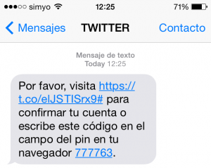 SMS de Twitter para confirmar mi cuenta