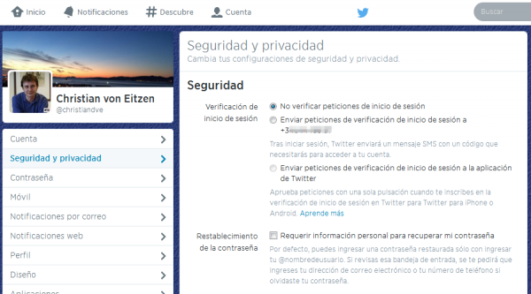 Ajustes de Twitter - Seguridad y privacidad con el número de móvil ya asociado