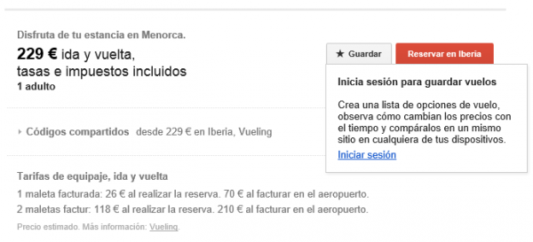 Google flight search - Reservar o guardar