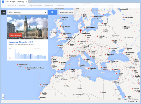 Google Flight search para localizar un viaje interesante