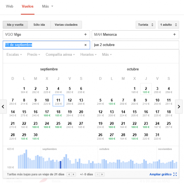 Google flight search Vigo-Menorca tarifas