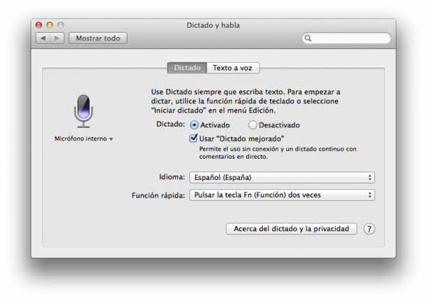 Dictado y habla con dictado mejorado en Mac OS X Mavericks