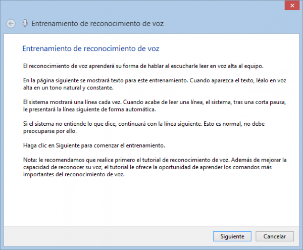 Entrenamiento del reconocimiento de voz en Windowsç