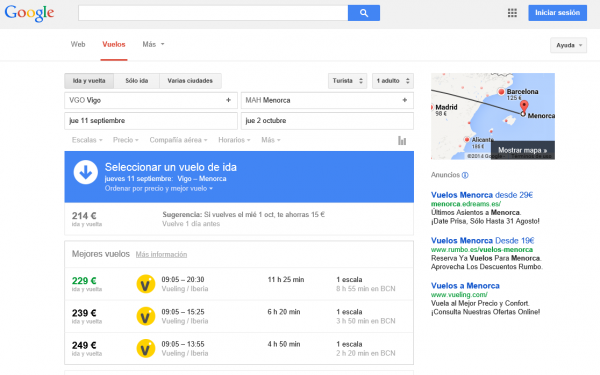 Google flight search Vigo-Menorca