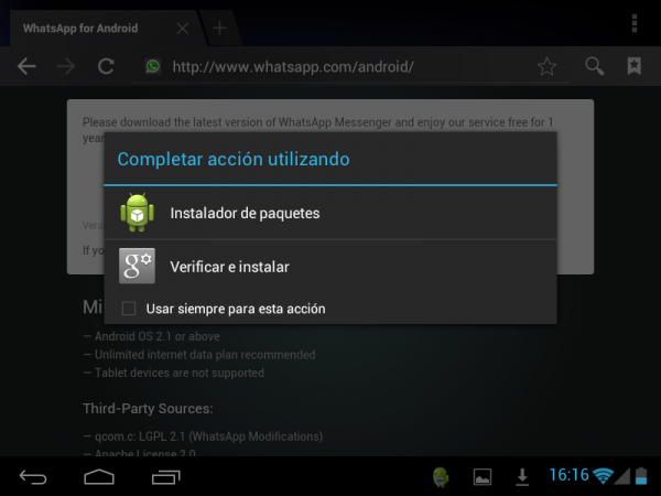 Completar la acción con el instalador de paquetes en Android para poner WhatsApp