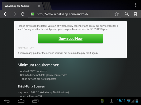 Instalar WhatsApp en un tablet con Android visitando su web