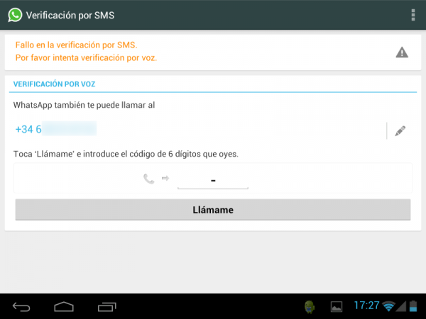 Fallo en la verificación por SMS. Hay que intentarlo por voz "Llámame"