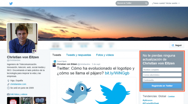 Formulario de alta en Twitter en una cuenta